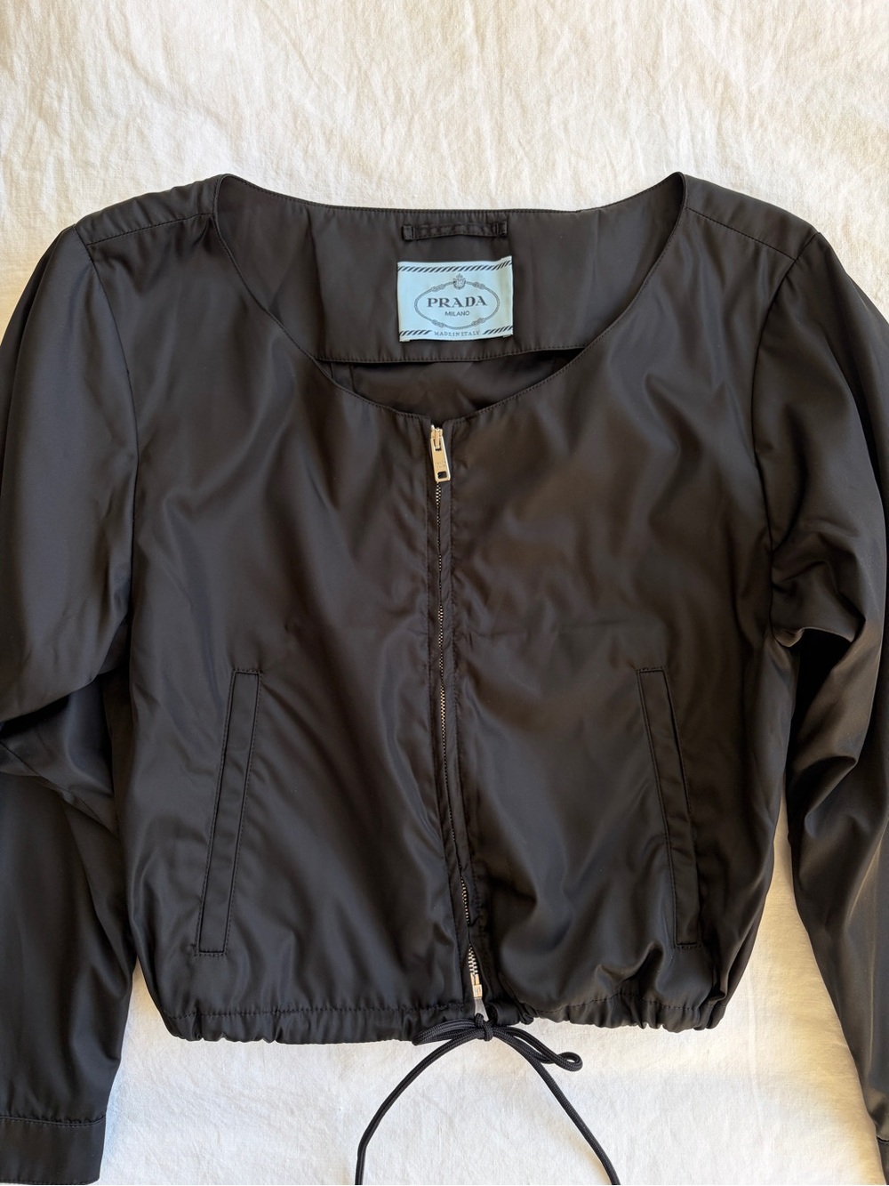 Prada Nylon Triangle Cropped Drawstring Zipper Pocket Bomber Jacket Coat Black - Picture 3 of 9